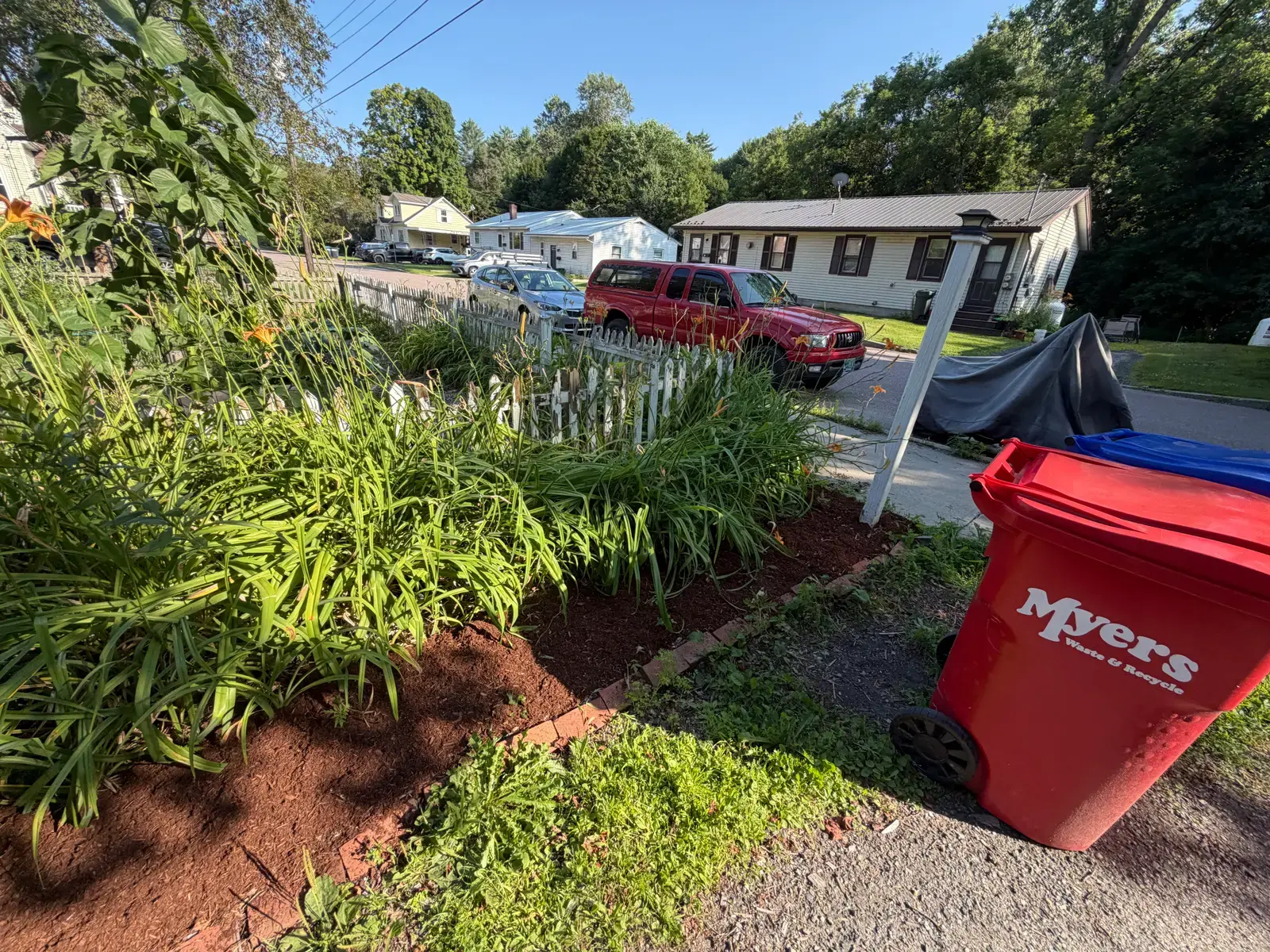 Freshly mulched perennial beds along a front walkway
