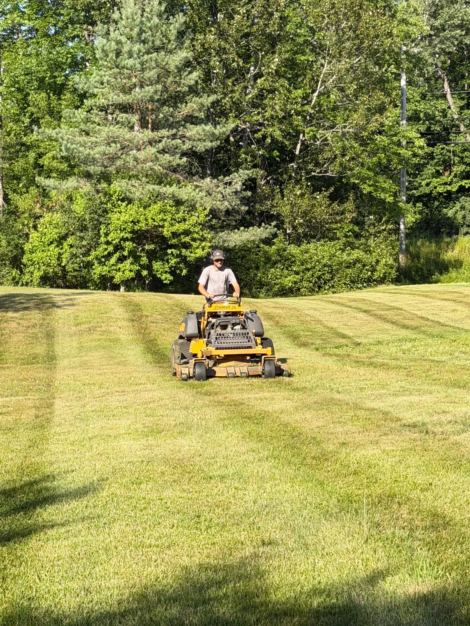 Wide mown lawn with cut stripes running toward a treeline